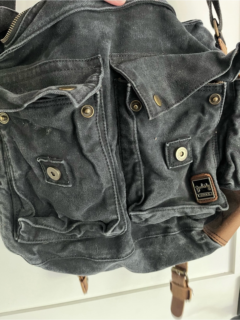 Charcoal Canvas Crossbody Bag with Brown Leather Accents